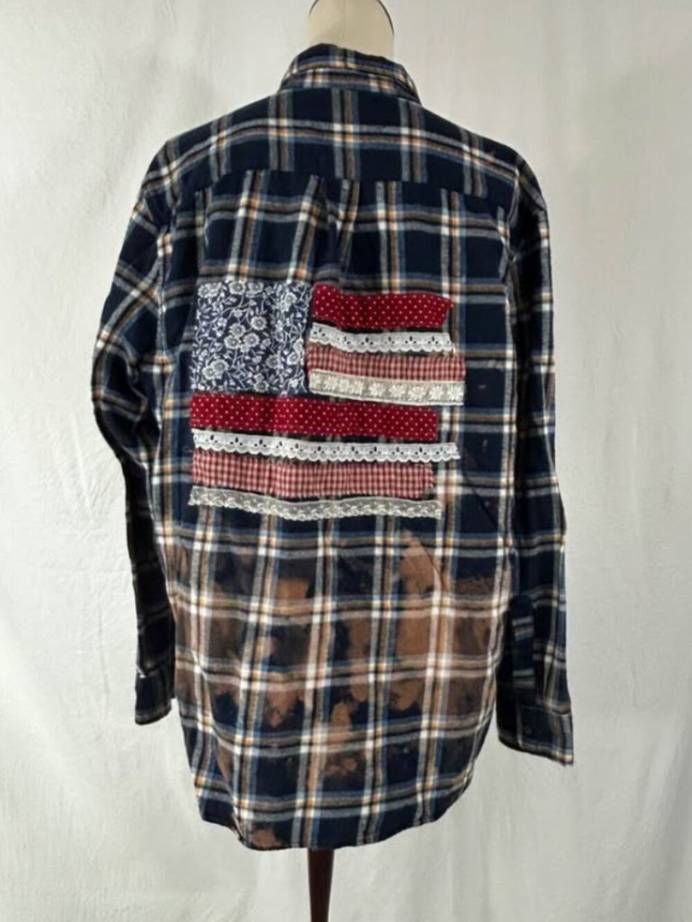 Patriotic Flannel Women’s Button up shirt 4th of July Upcycled American Flag - Picture 3 of 6
